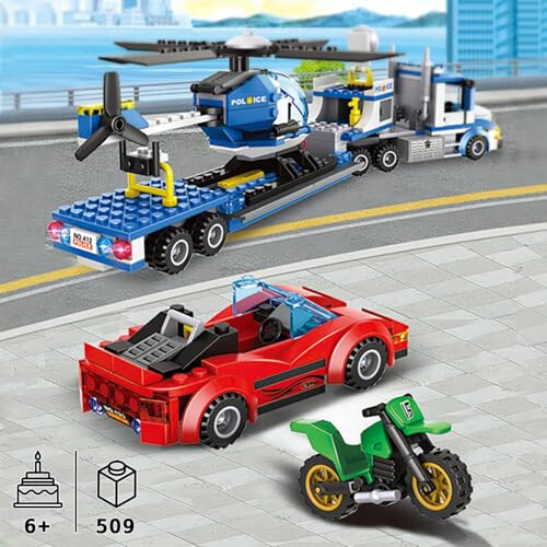 City Police Truck and Trailer Building Sets, Compatible with Lego Police Car with Tow Truck, Helicopter, Car, Motorcycle, Police Chase Building Blocks Toy Set Gift for Boys Aged 6-12, 509 PCS - 42