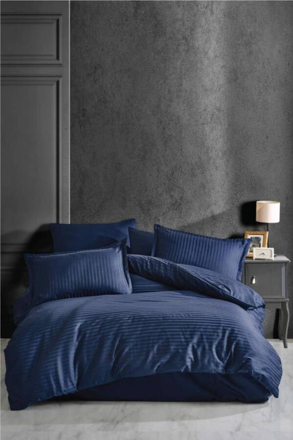 Clasy Striped Satin Double Bed Duvet Set - Navy - 1