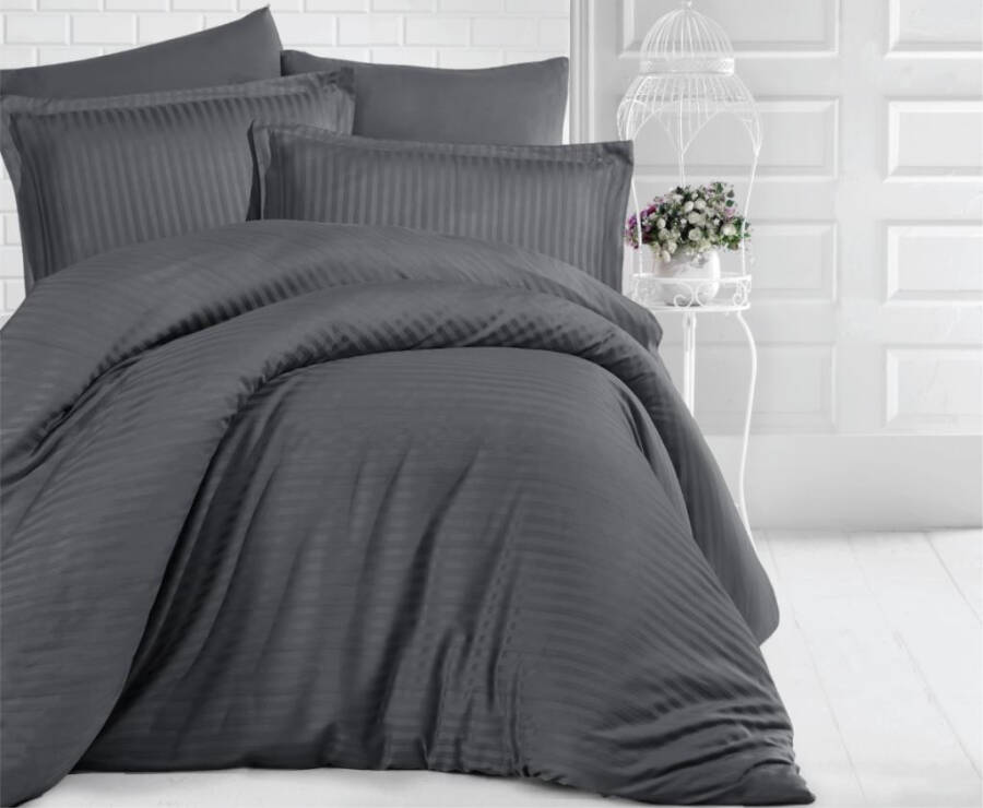 Clasy Striped Satin Duvet Cover Set Double Size Smoke - 4