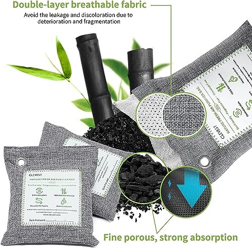 CLEVAST 4 Pack Bamboo Charcoal Air Purifying Bags (Large, 4x200g) Activated Natural Home Odor Absorber, Deodorizer and Moisture Eliminator, Purifier for Closet, Shoe, Car Air freshener, Pet Safe - 8