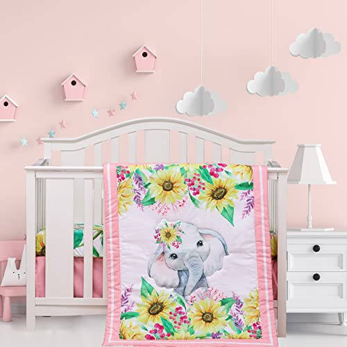 Cloele Crib Bedding Set for Baby Girls - 3 Piece Elephant Baby Bedding Set includes Pink Crib Skirt Crib Quilt Fitted Sheet - Sunflower Soft Nursery Comforter Bedding Set for Girls - 43