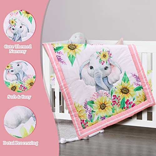 Cloele Crib Bedding Set for Baby Girls - 3 Piece Elephant Baby Bedding Set includes Pink Crib Skirt Crib Quilt Fitted Sheet - Sunflower Soft Nursery Comforter Bedding Set for Girls - 44