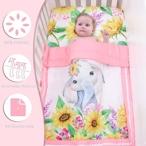 Cloele Crib Bedding Set for Baby Girls - 3 Piece Elephant Baby Bedding Set includes Pink Crib Skirt Crib Quilt Fitted Sheet - Sunflower Soft Nursery Comforter Bedding Set for Girls - 45