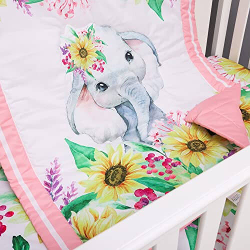 Cloele Crib Bedding Set for Baby Girls - 3 Piece Elephant Baby Bedding Set includes Pink Crib Skirt Crib Quilt Fitted Sheet - Sunflower Soft Nursery Comforter Bedding Set for Girls - 47