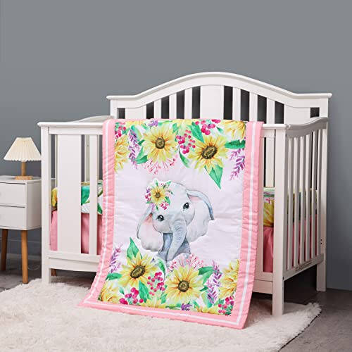 Cloele Crib Bedding Set for Baby Girls - 3 Piece Elephant Baby Bedding Set includes Pink Crib Skirt Crib Quilt Fitted Sheet - Sunflower Soft Nursery Comforter Bedding Set for Girls - 48