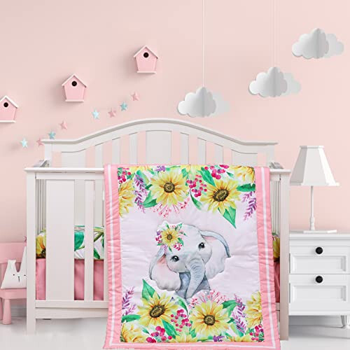 Cloele Crib Bedding Set for Baby Girls - 3 Piece Elephant Baby Bedding Set includes Pink Crib Skirt Crib Quilt Fitted Sheet - Sunflower Soft Nursery Comforter Bedding Set for Girls - 36