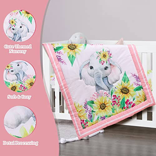 Cloele Crib Bedding Set for Baby Girls - 3 Piece Elephant Baby Bedding Set includes Pink Crib Skirt Crib Quilt Fitted Sheet - Sunflower Soft Nursery Comforter Bedding Set for Girls - 37