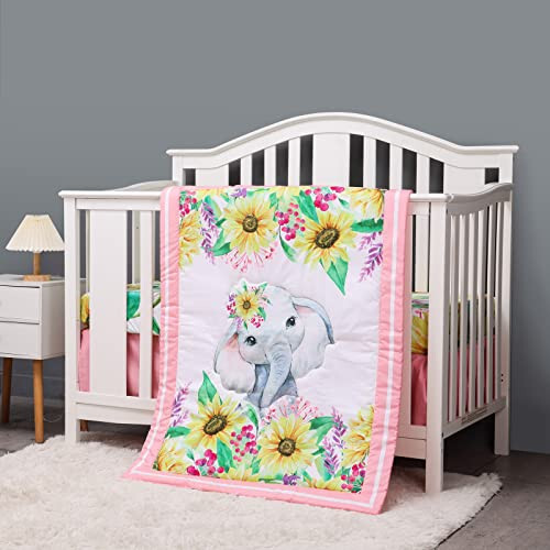 Cloele Crib Bedding Set for Baby Girls - 3 Piece Elephant Baby Bedding Set includes Pink Crib Skirt Crib Quilt Fitted Sheet - Sunflower Soft Nursery Comforter Bedding Set for Girls - 34