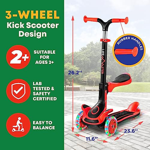 Çocuk Scooter - Katlanabilir Koltuk - Dönen Tekerleklerde LED Işıklar - Çocuk ve Bebek 3 Tekerlekli Tekmeli Scooter - Ayarlanabilir Direksiyon - İç ve Dış Mekan - Pembe - Lifemaster Tarafından - 5