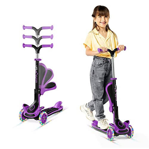 Çocuk Scooter - Katlanabilir Koltuk - Yuvarlanırken Aydınlanan LED Tekerlek Işıkları - Çocuk ve Bebek 3 Tekerlekli Tekmelemeli Scooter - Ayarlanabilir Direksiyon - İç ve Dış Mekan - Pembe - Lifemaster - 1