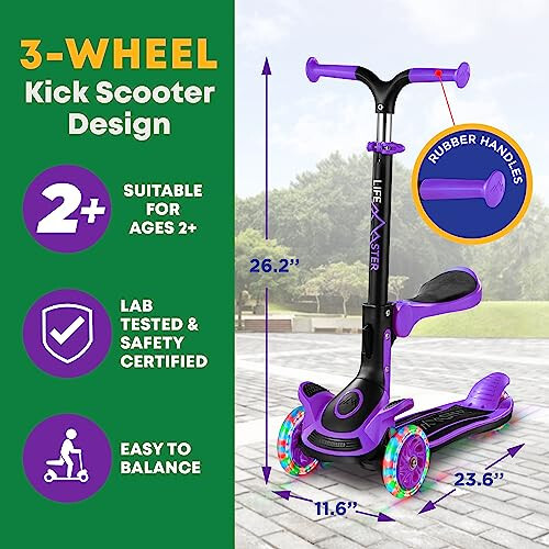 Çocuk Scooter - Katlanabilir Koltuk - Yuvarlanırken Aydınlanan LED Tekerlek Işıkları - Çocuk ve Bebek 3 Tekerlekli Tekmelemeli Scooter - Ayarlanabilir Direksiyon - İç ve Dış Mekan - Pembe - Lifemaster - 5