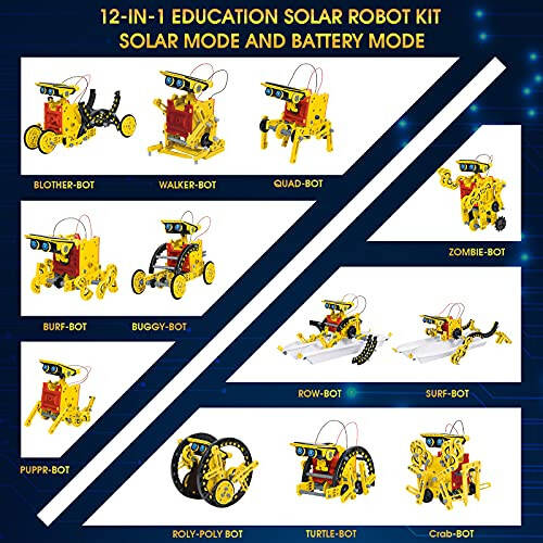 Çocuklar için 8-12 Yaş Solar Robot Seti, STEM Yapı Oyuncakları, 12'si 1 Arada Güneş Paneli ve Pil Gücüyle Kendi Robotunuzu Yapın, Bilim Mühendisliği Noel Doğum Günü Fikir Hediyeleri 8 9 10 11 12 Yaş Erkek Çocuklar İçin - 8