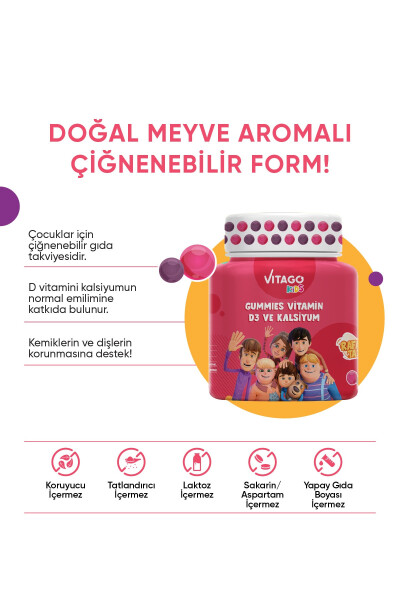 Çocuklar İçin D3 Vitamini ve Kalsiyum İçeren 30 Adet Çiğnenebilir Gummy Jel - 7