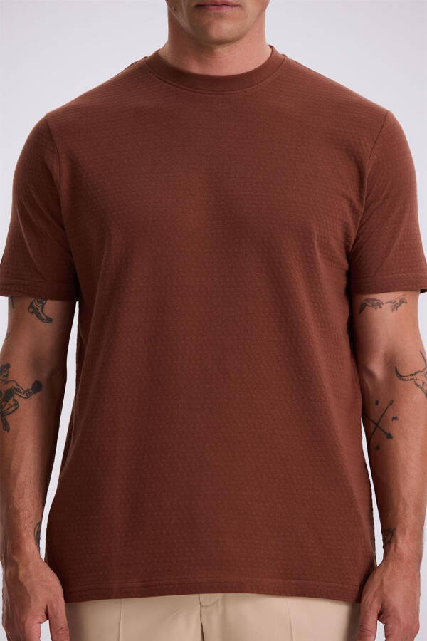 Coffee 100% Cotton Patterned Crew Neck T-Shirt - 3