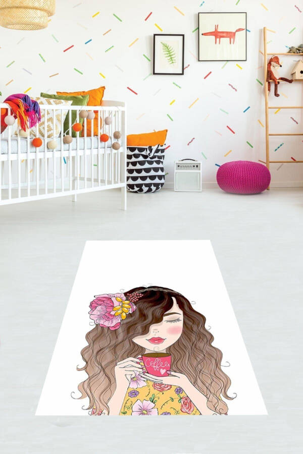 Coffee Girl Digital Print Washable Non-Slip Base Children And Baby Room Rug - 1