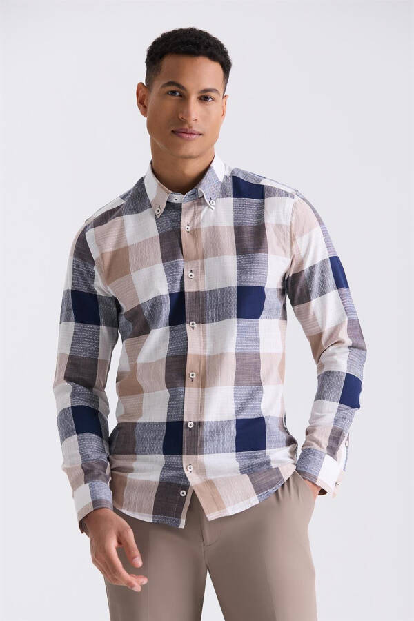 Coffee Slim Fit Checkered 100% Cotton Shirt - 1