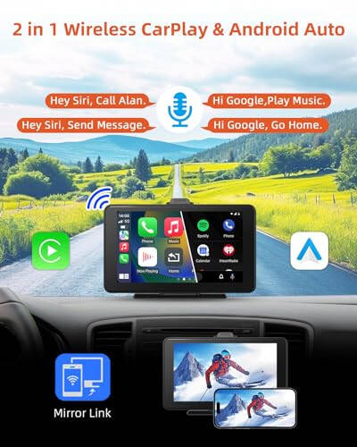 Cogamichi Портативный Apple CarPlay & Android Auto с камерой заднего вида 1080P, экран автомобиля x7 дюймов HD IPS сенсорный экран CarPlay для подключения к автомобилю, крепление для автомобиля Car Play с AUX, FM, Siri, GPS навигацией - 2