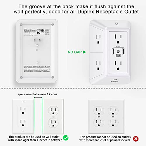 Çoklu Priz Akım Koruyucu - POWRUI 6 Çıkışlı Uzatma Kablosu 3 USB Bağlantı Noktası (1 USB C) ve Gece Lambası ile, 3 Yandan Güç Şeridi Adaptörlü Aralıklı Çıkışlarla - Beyaz, ETL Onaylı - 3