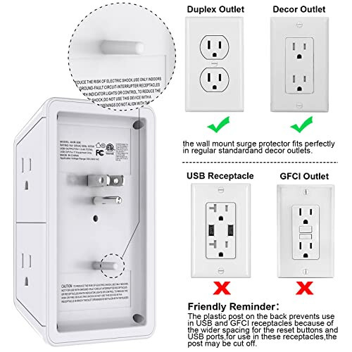 Çoklu Priz Akım Koruyucu - POWRUI 6 Çıkışlı Uzatma Kablosu 3 USB Bağlantı Noktası (1 USB C) ve Gece Lambası ile, 3 Yandan Güç Şeridi Adaptörlü Aralıklı Çıkışlarla - Beyaz, ETL Onaylı - 6