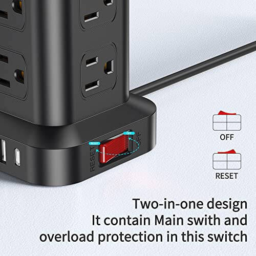 Çoklu Prizli Uzatma Kablosu, Akım Koruyucu Priz Kulesi, 12 AC 4 USB, Akım Koruyucu Kule 6.5FT Aşırı Yük Koruma Ev Ofis İçin - 6