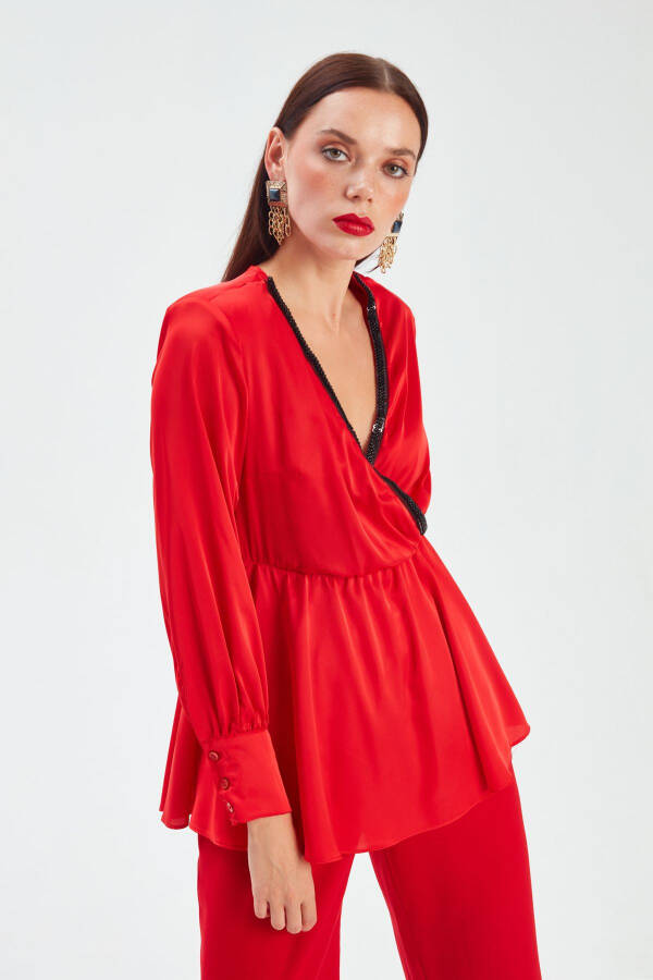 Collar Detail Wrap Blouse - Red - 1