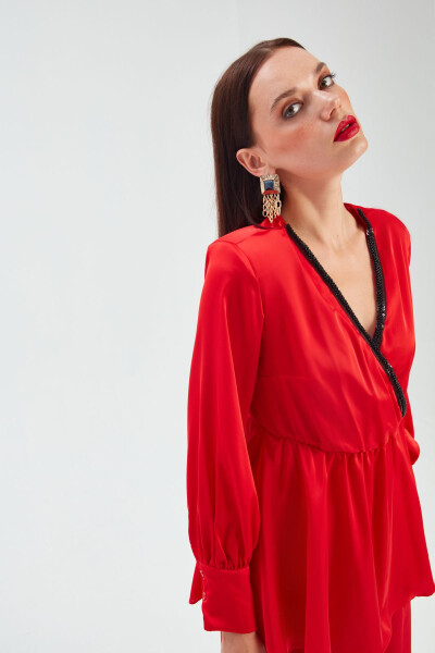 Collar Detail Wrap Blouse - Red - 2