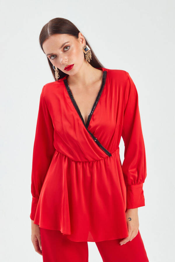 Collar Detail Wrap Blouse - Red - 3