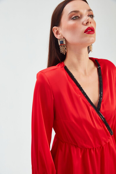 Collar Detail Wrap Blouse - Red - 4