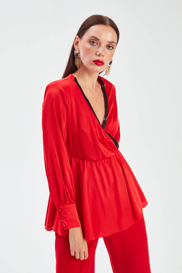 Collar Detail Wrap Blouse - Red - 6