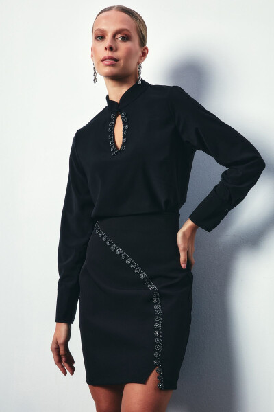 Collar Drop Detail Blouse - BLACK - 3