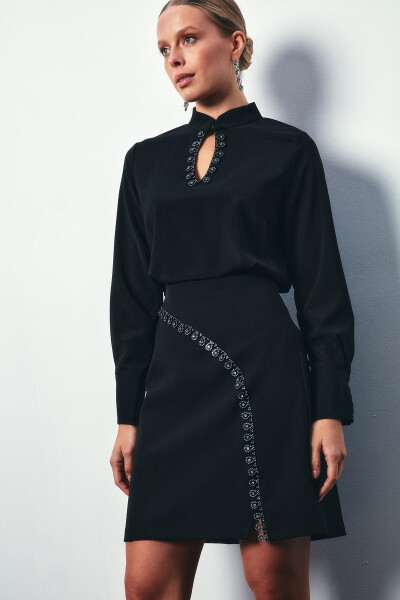 Collar Drop Detail Blouse - BLACK - 4