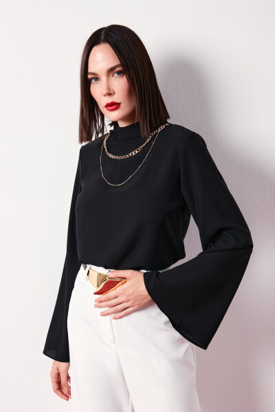 Collar Spanish Sleeve Blouse - Black - 1