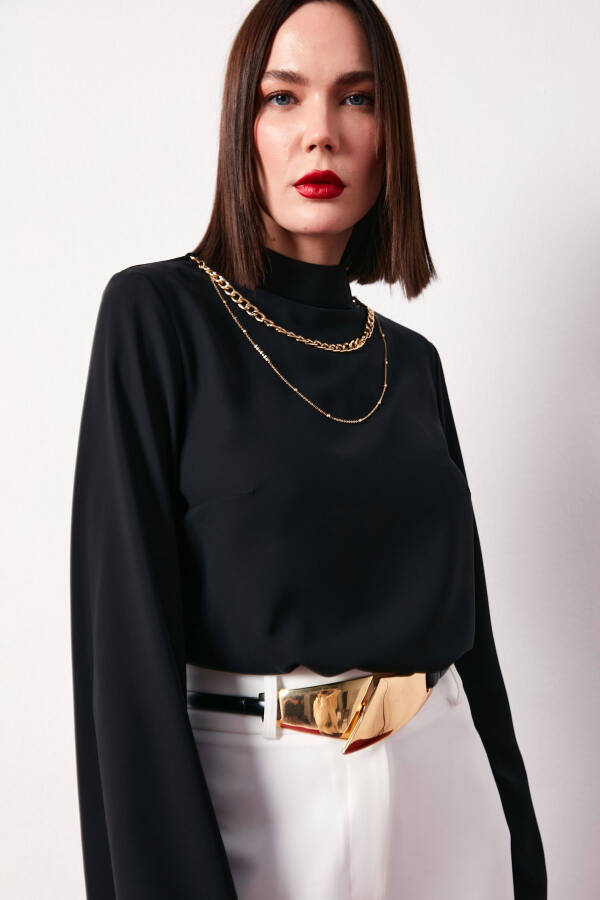 Collar Spanish Sleeve Blouse - Black - 2