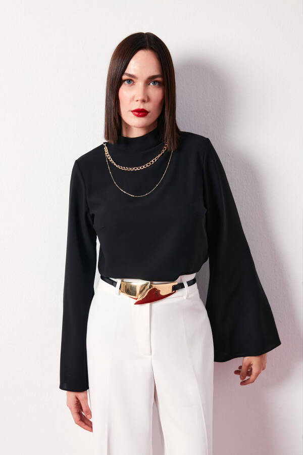 Collar Spanish Sleeve Blouse - Black - 3