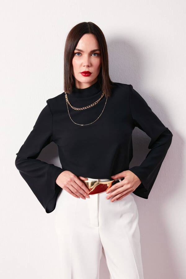 Collar Spanish Sleeve Blouse - Black - 4