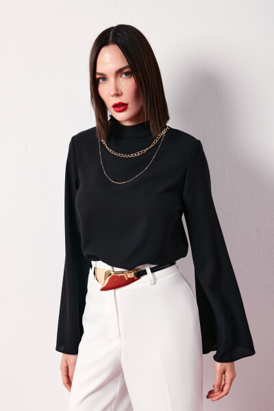 Collar Spanish Sleeve Blouse - Black - 5