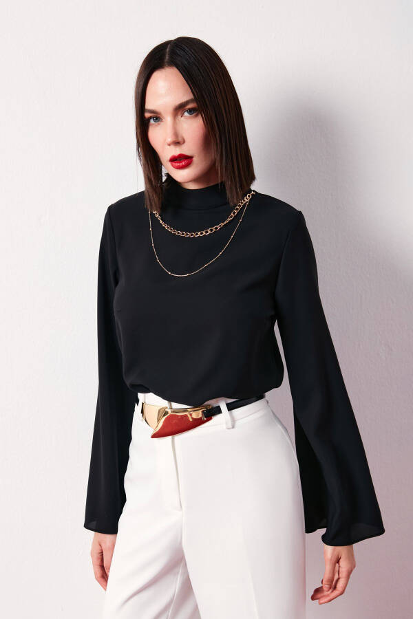 Collar Spanish Sleeve Blouse - Black - 5