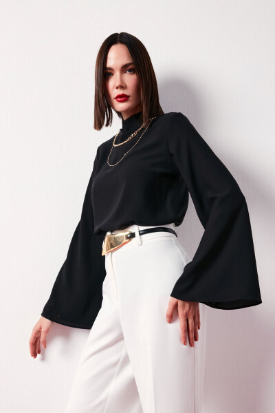 Collar Spanish Sleeve Blouse - Black - 6