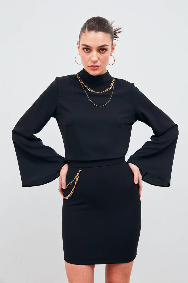 Collar Spanish Sleeve Blouse - Black - 8