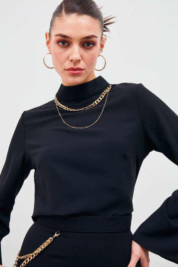 Collar Spanish Sleeve Blouse - Black - 10