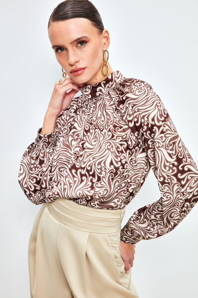 Collared Patterned Blouse - BROWN - 1