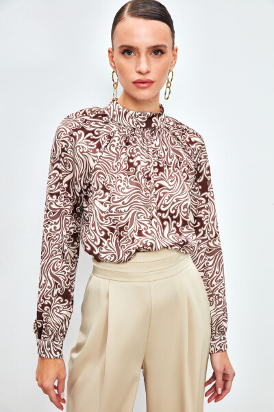 Collared Patterned Blouse - BROWN - 2