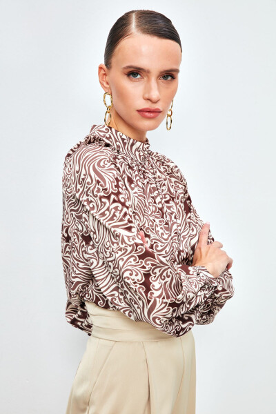 Collared Patterned Blouse - BROWN - 5