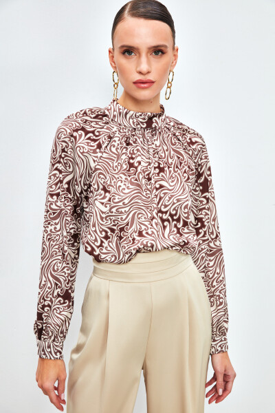 Collared Patterned Blouse - BROWN - 8