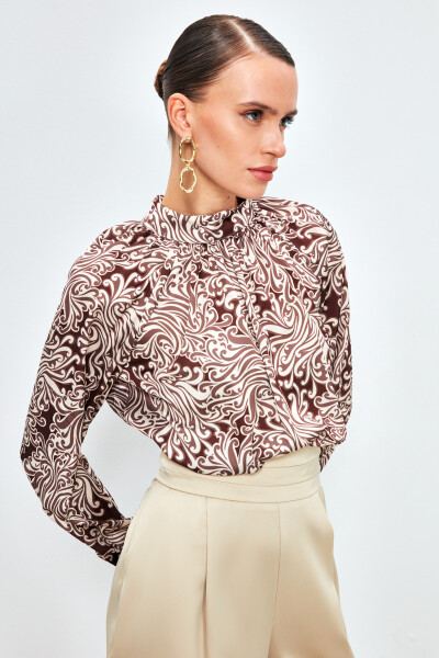 Collared Patterned Blouse - BROWN - 9