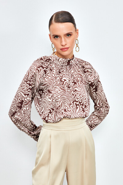 Collared Patterned Blouse - BROWN - 10