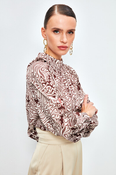 Collared Patterned Blouse - BROWN - 11