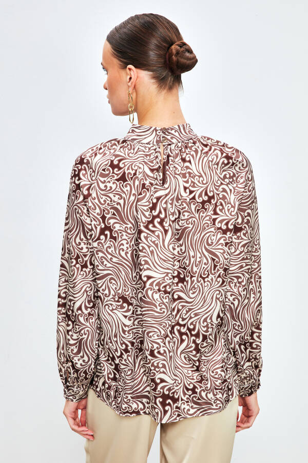 Collared Patterned Blouse - BROWN - 12