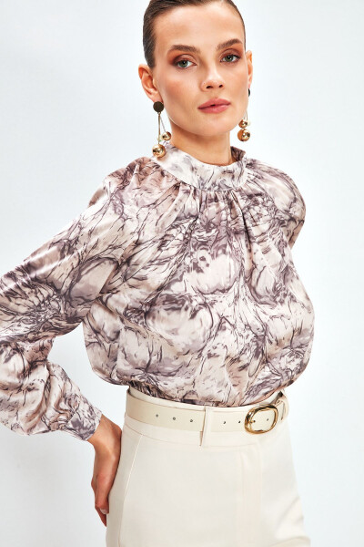 Collared Printed Blouse - BEIGE - 2