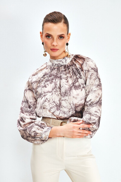 Collared Printed Blouse - BEIGE - 3